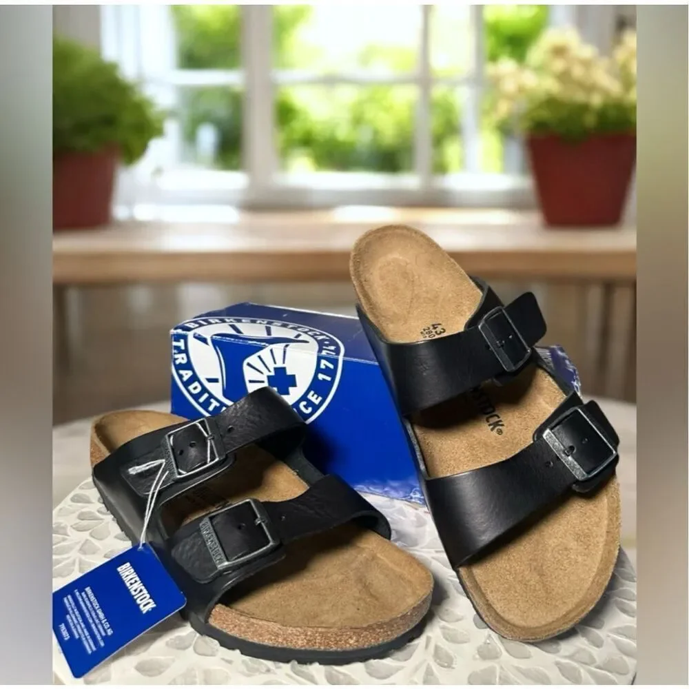 Birkenstock Arizona Grip Premium Leather Sandals Black Vintage Wood Unisex 43 EU